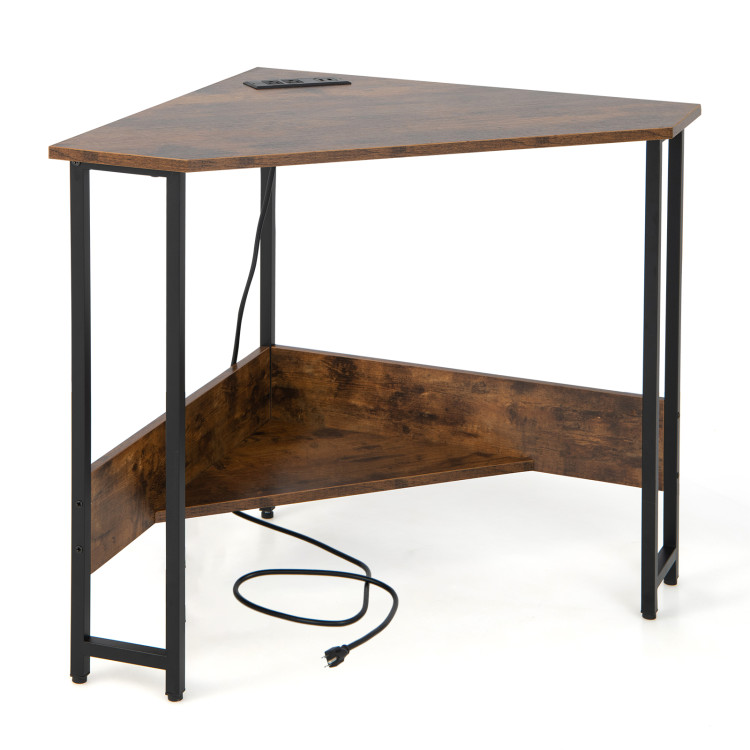 Triangle Computer Corner Desk with Charging Station-Rustic BrownCostway Gallery View 1 of 11